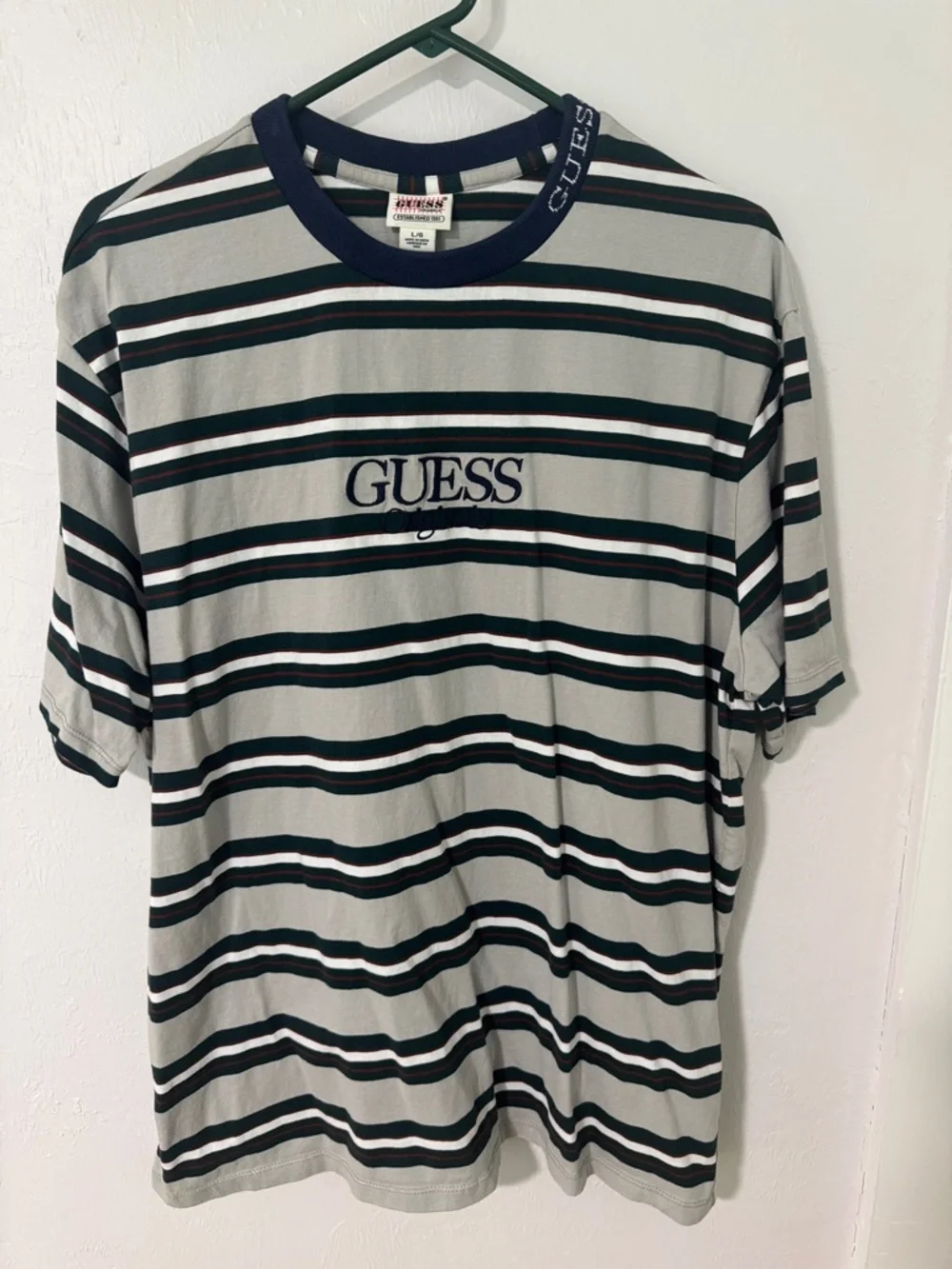 Guess Striped Crewneck Tee in Navy, Gray & Green - Picture 1 of 6